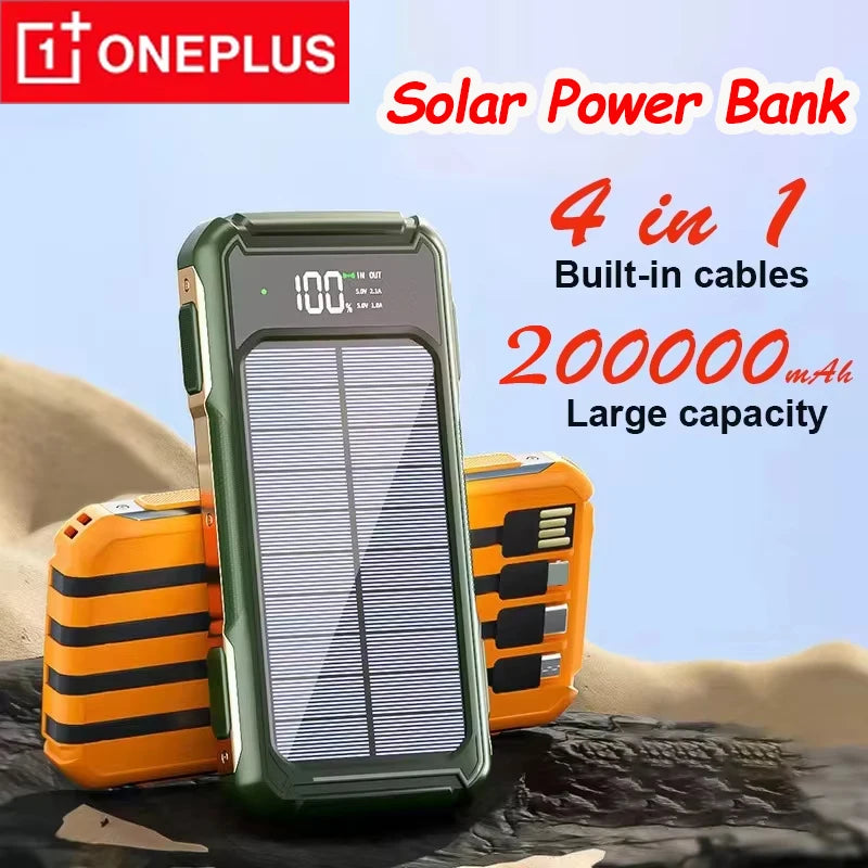 OnePlus 4-in-1 Solar Power Bank | 200000mAh High Capacity Fast Charger with Built-in Cable